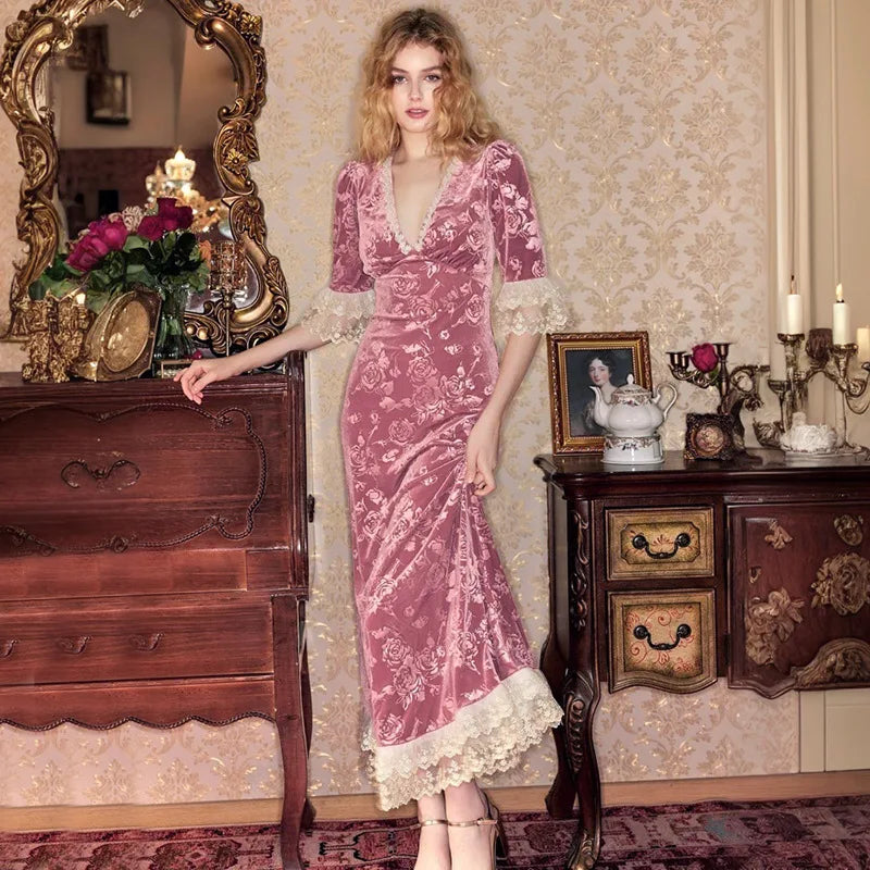 Patchwork Deep V-neck Lace Maxi Dress Short Sleeve ed Floral Dress French