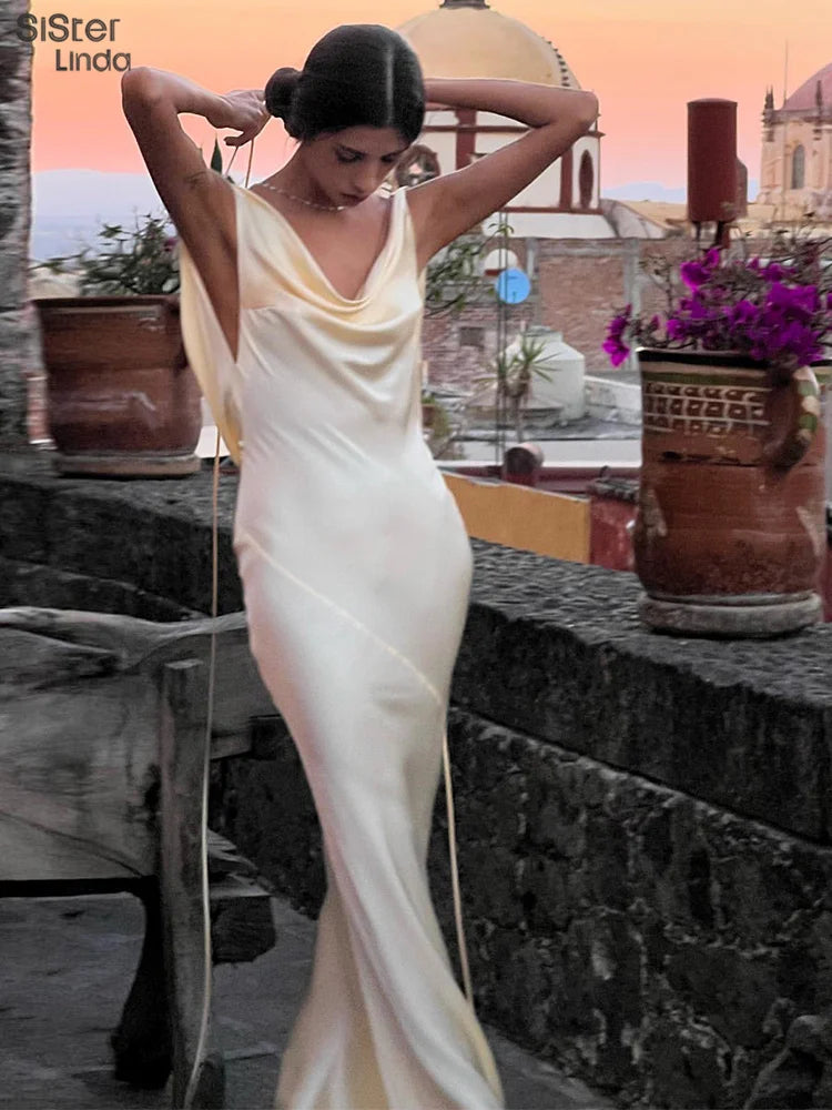 Backless Maxi Dress Sleeveless V-Neck Lace Up Bodycon Lady Vestido