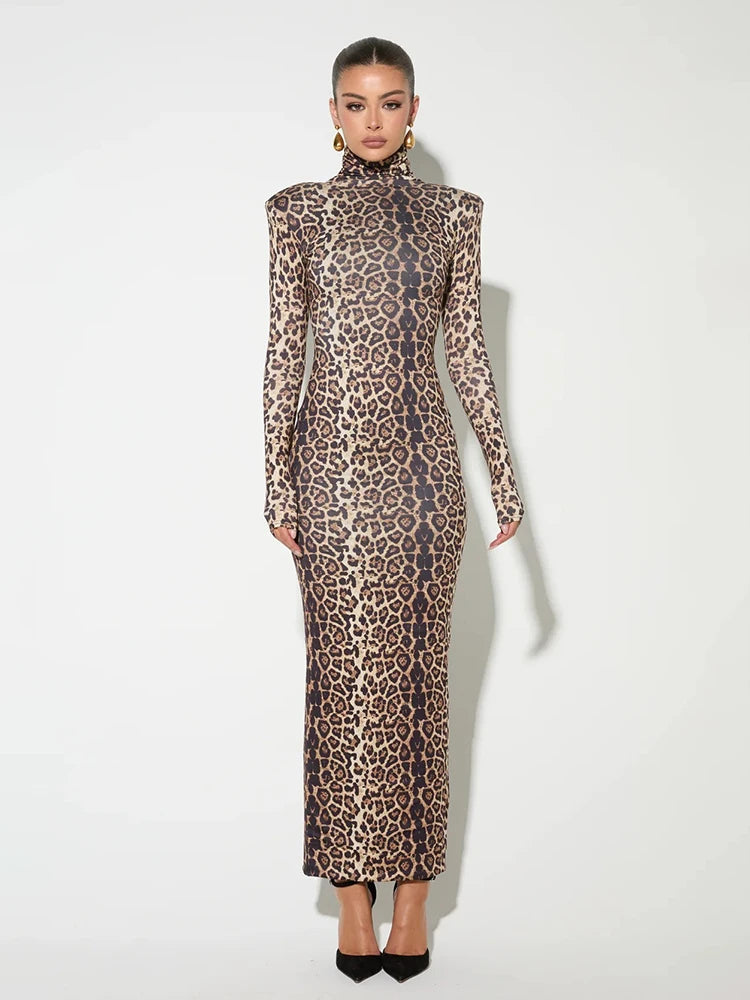 Leopard Long Sleeve Maxi Dress Turtleneck ed Bodycon Long Dress