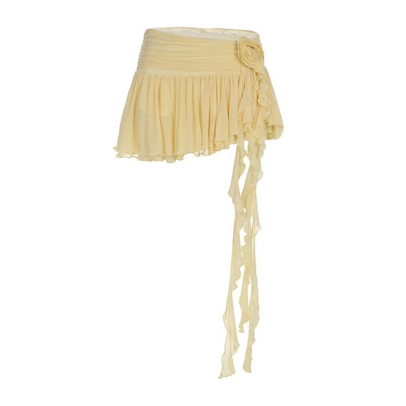 Yellow Flower Pleated Ruffles Low-Waist Mini Skirt