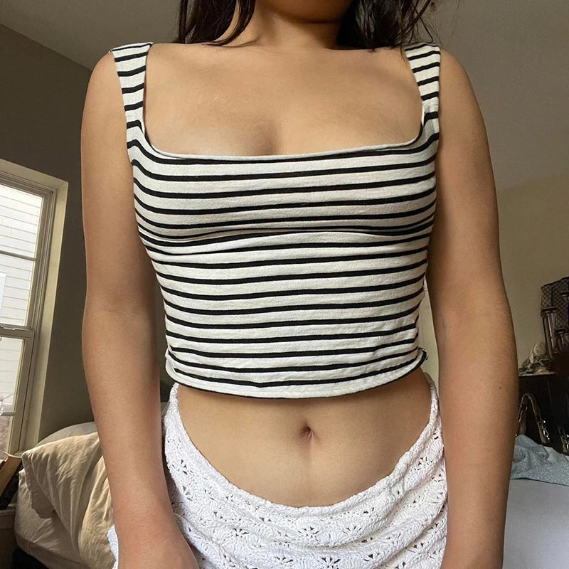 Retro Striped Print Tank Top Crop Shirts Slim Fairycore