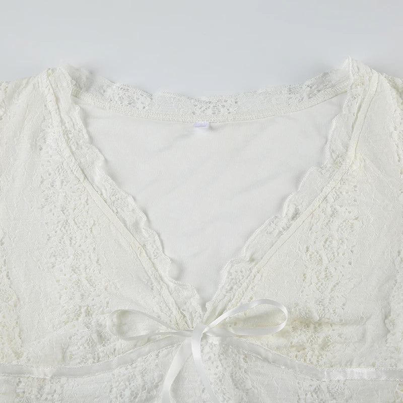 V-neck Lace Slim Tee Shirts Long Sleeves See-through Retro
