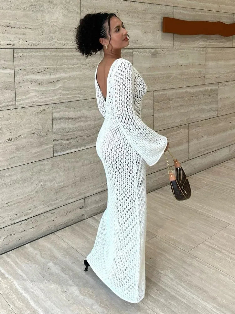Knit See Through Backless Maxi Dress