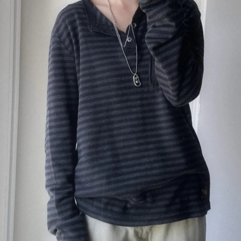 Striped Print Loose Tee Shirts Long Sleeves Botton Top