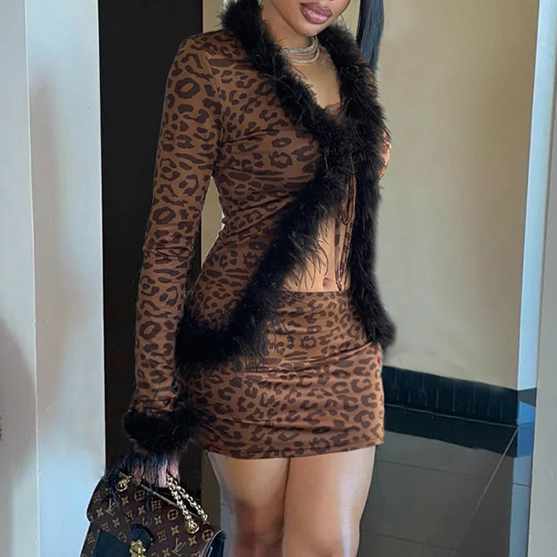 Leopard Print Two Pieces of Sets 's Lace-up Coats and Mini Skirts Long Sleeved