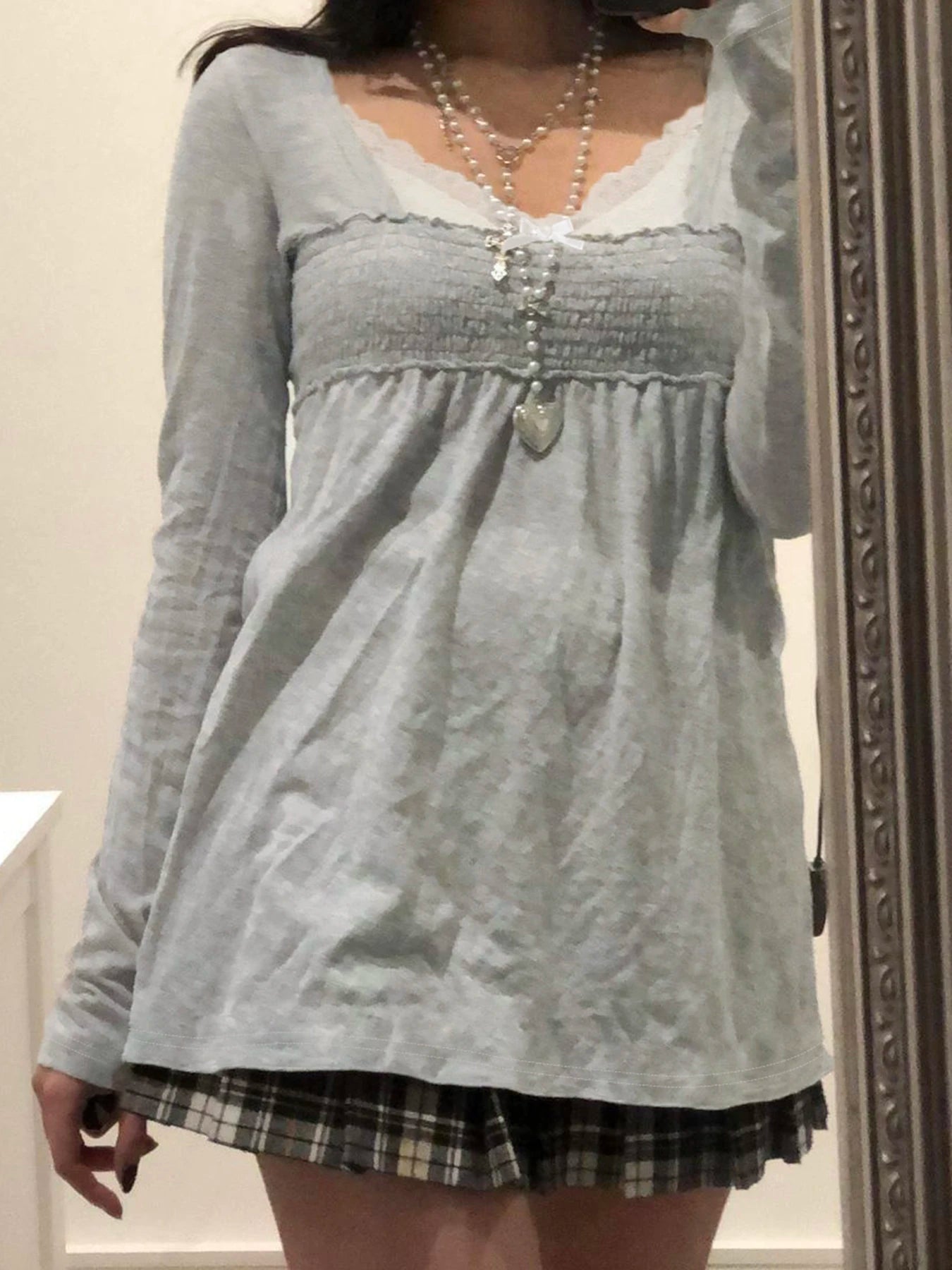 Lace Patchwork Square Collar T-Shirts Long Sleeved Top