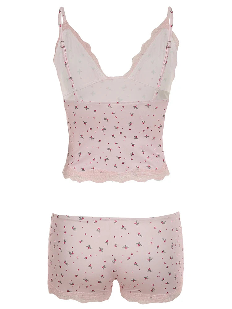 Floral Lace Patchwork Two-piece Set Pink Sleeveless Camisoles and Slim Shorts
