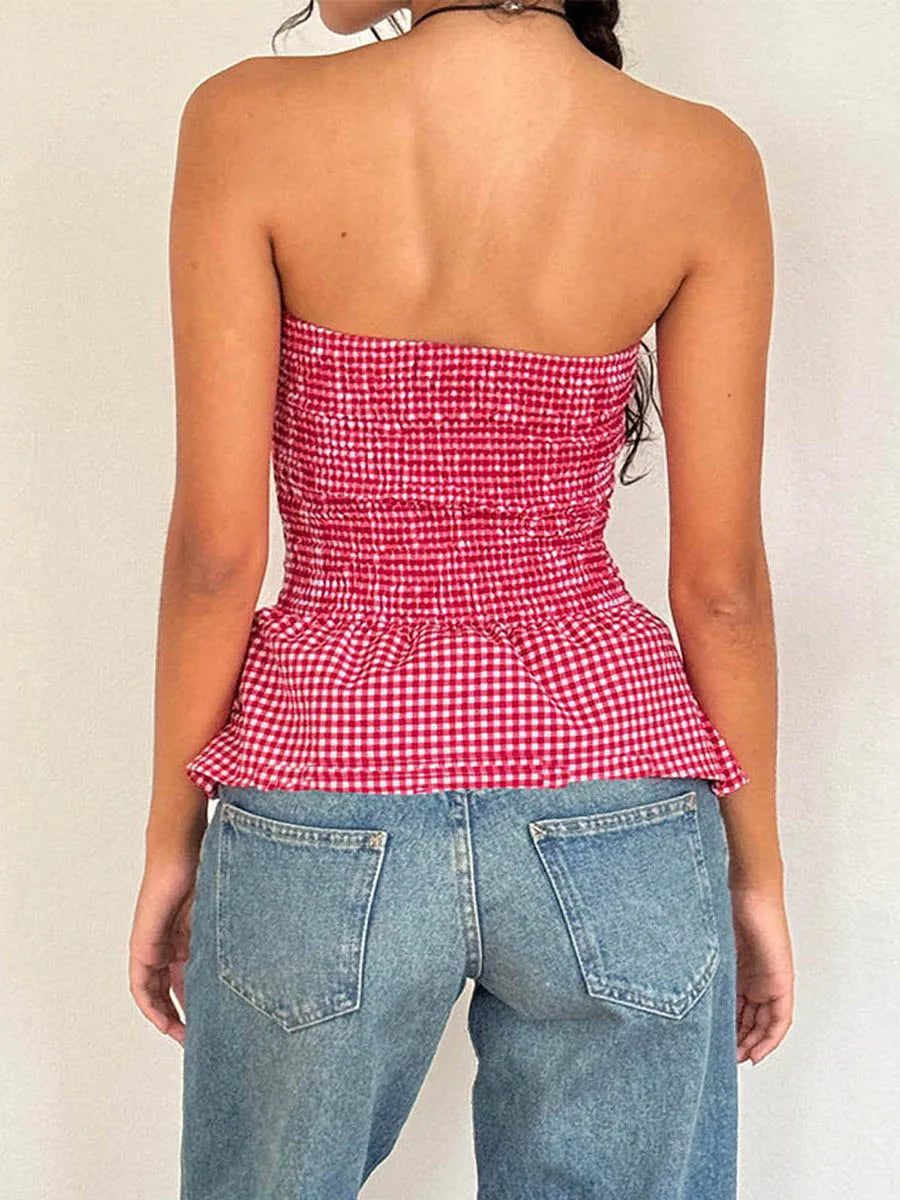 Red Gingham Crop Top Womean Strapless Ruffle Hem Sleeveless Button Cami Coquette Plaid Crop Top