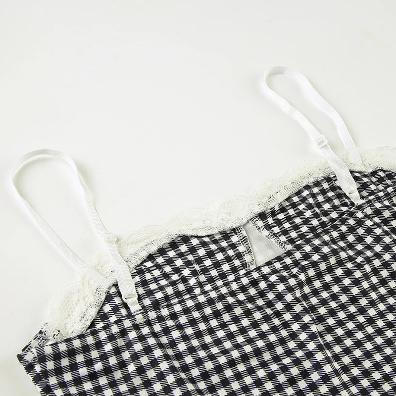 Lace Patchwork Crop Camisole Backless Slim Slim Plaid Top