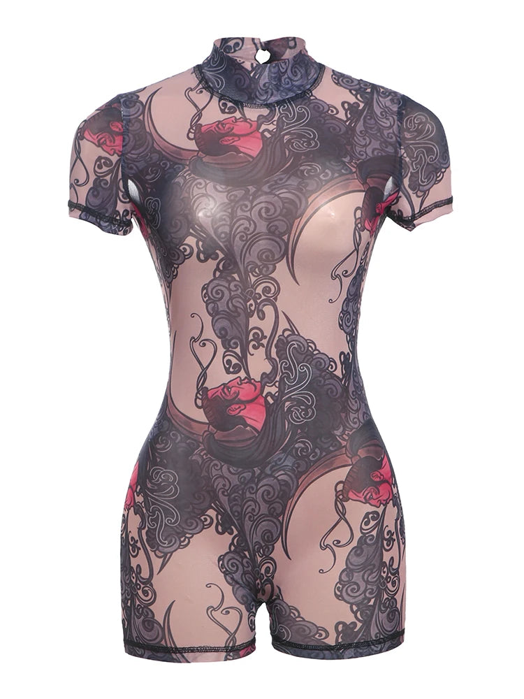 Playsuit Mesh See Through Peach Buttocks Shorts Sleeve Backless Print Romper