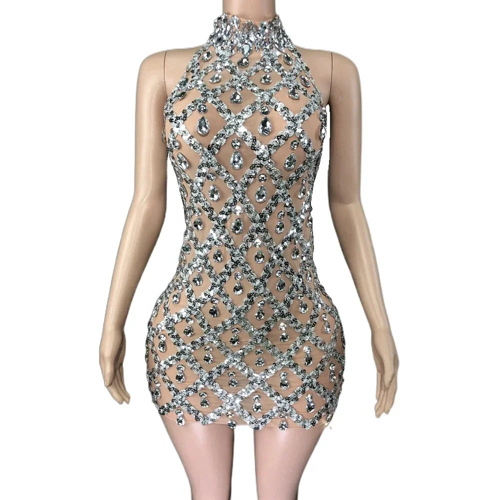 Sparkly Silver Sequins Crystals Short Dress Sleeveless Transparent Birthday Dress Singer Show Wear