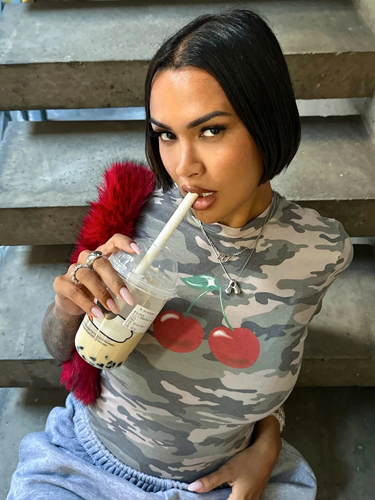 Army Green Short Sleeve Cherry Print T-Shirt