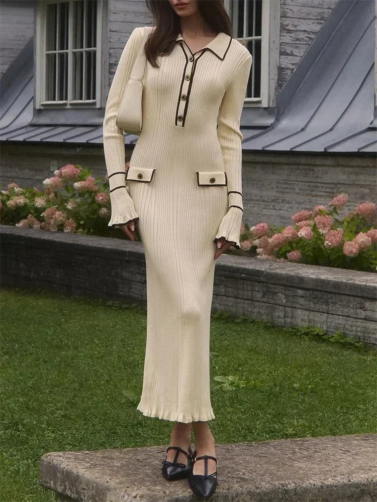 Knitted Mini Dress Ruffled Rib High Waist Dresses s Long Sleeve Banquet Dress