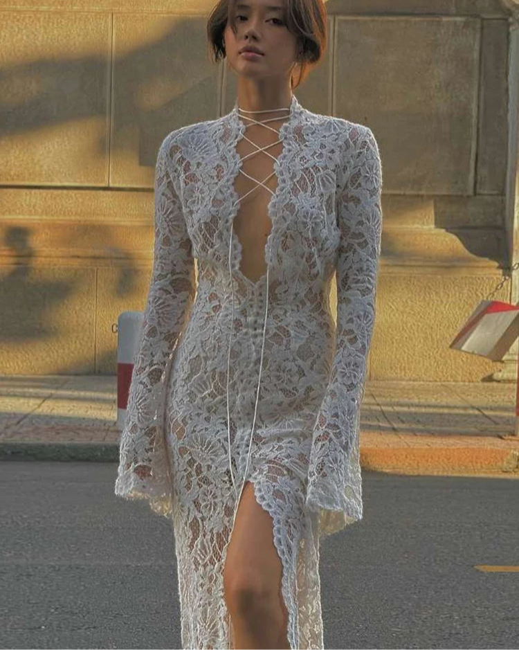 Embroidery Ruffles See Through Dress