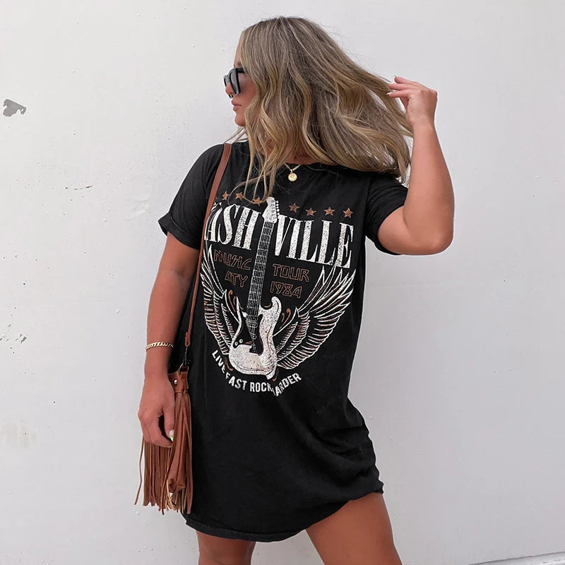 'S Spring Printed Lengthened Wide T-Shirt Dress Cool Metal Wind Loose Versatile wea