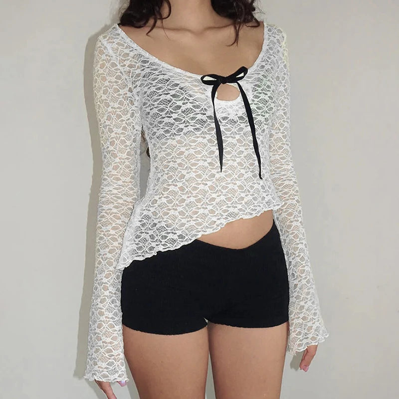 Crewneck See-through Lace Tee Shirt Long Sleeve Top