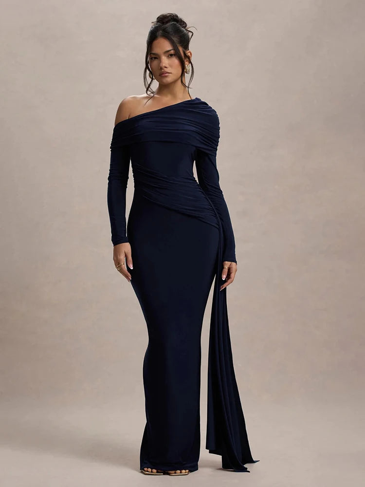 Skew Collar Long Sleeve Maxi Dress Gown Backless Draped Ruched Bodycon Long Dress