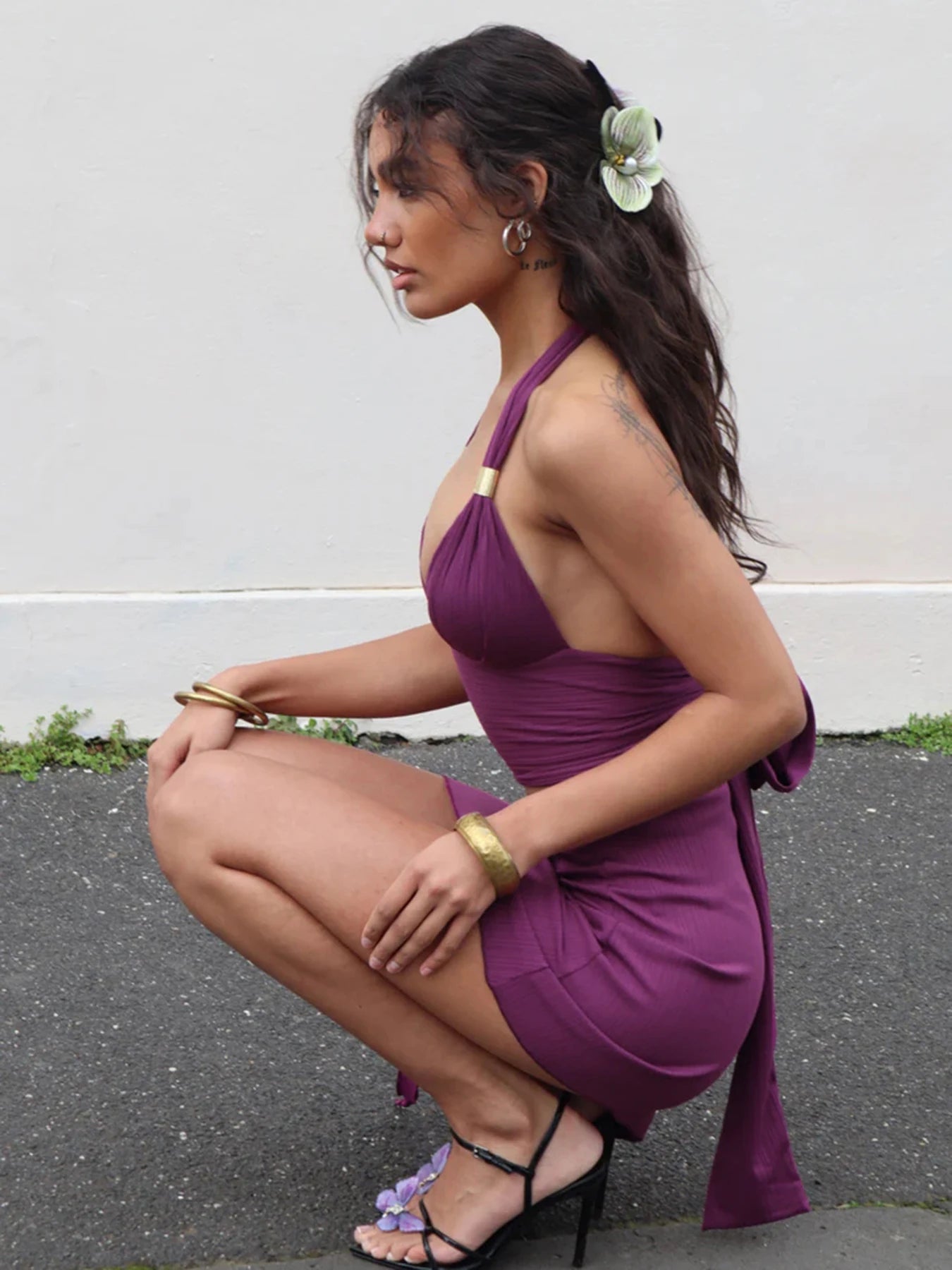 Backless Deep V-Neck Halter Top Low-Waisted Skirt Set