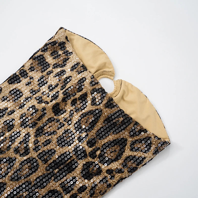 Leopard Sequins strapless Iron Ring Hollow Out Dew Backpack Hip Slim Dress