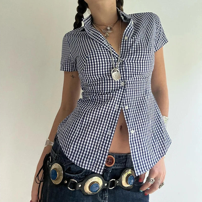Plaid Bloue Button Up Short Sleeve Tuurn-down Neck Top
