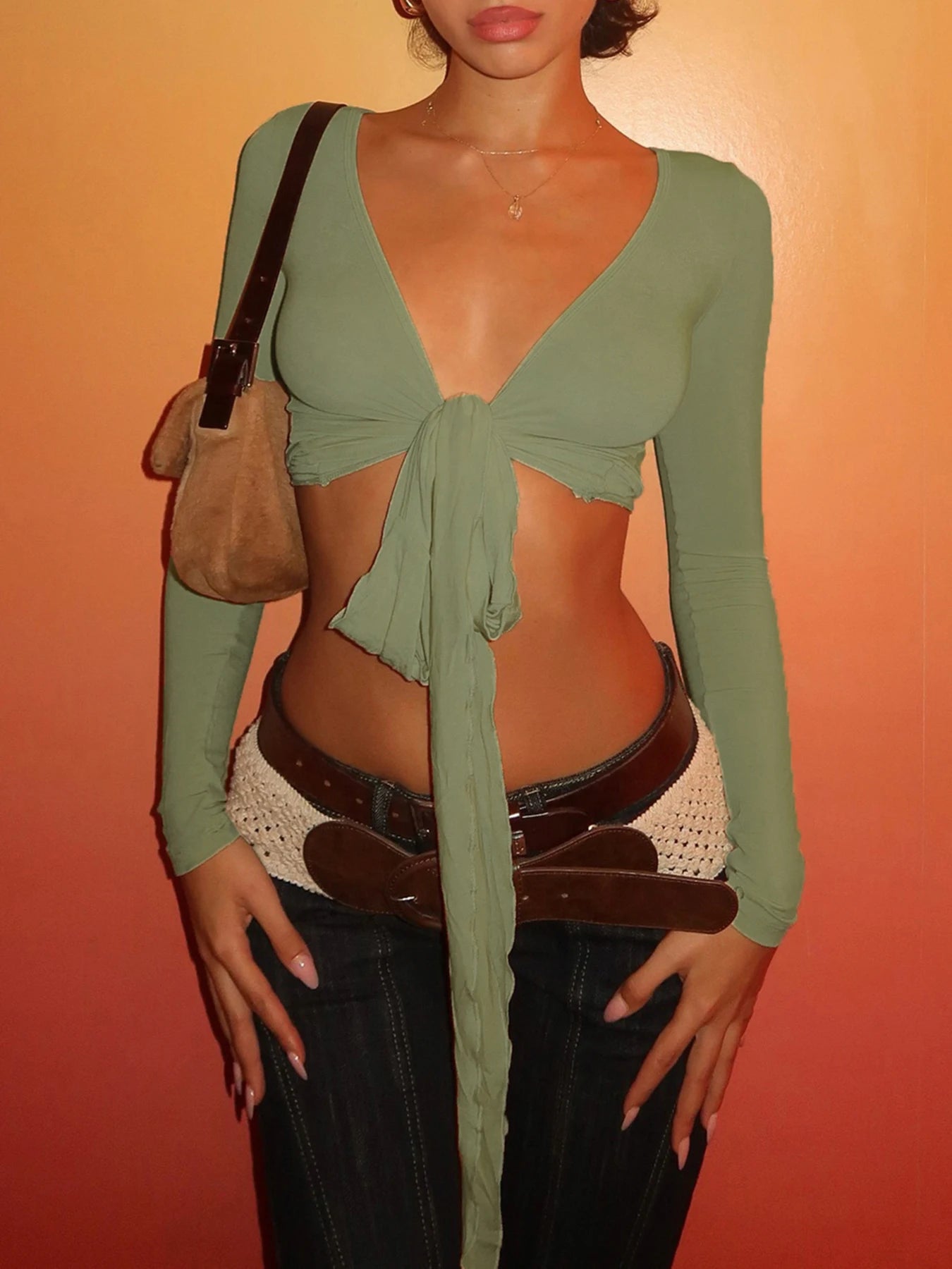 Slim Lace Up Leisure Shirts Long Sleeves V-neck s Top