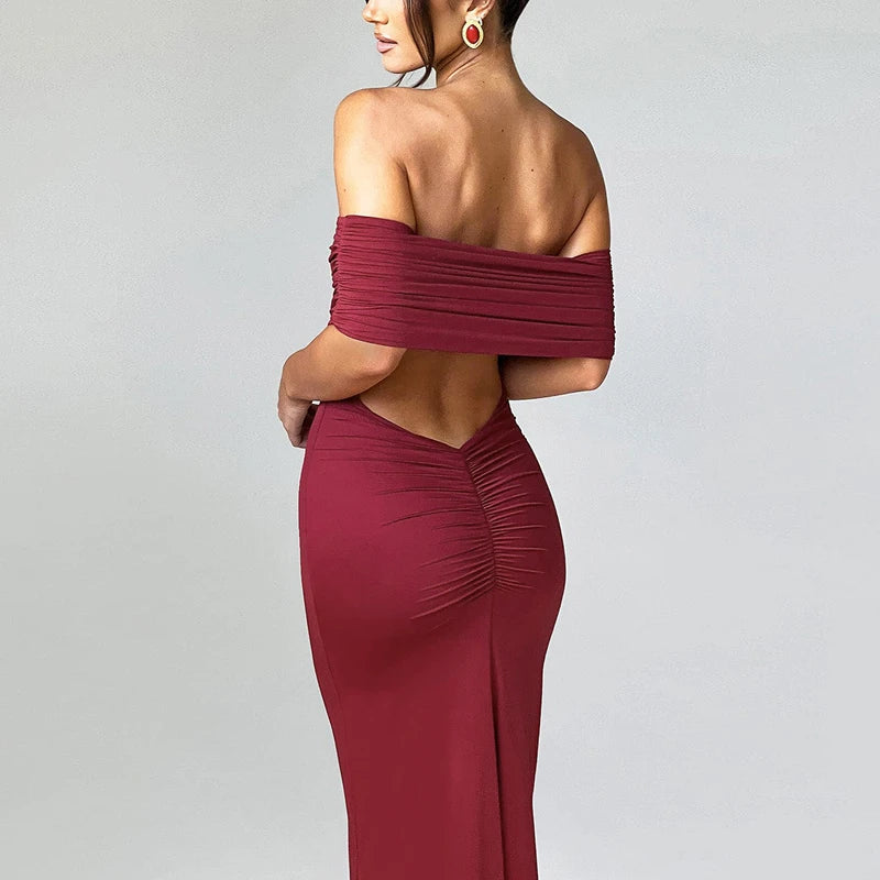 Slash Neck Sleeveless Backless Ruched Bodycon Maxi Dress