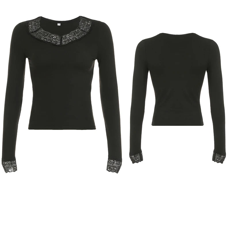 Lace Patchwork Slim Tee Shirt Long Sleeve V-neck Black Top