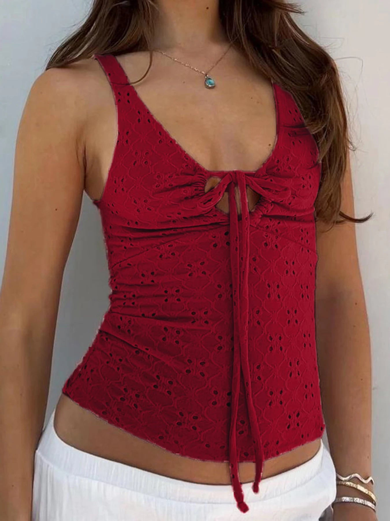 Lace-up Color Hole Top Slim Knitted Top