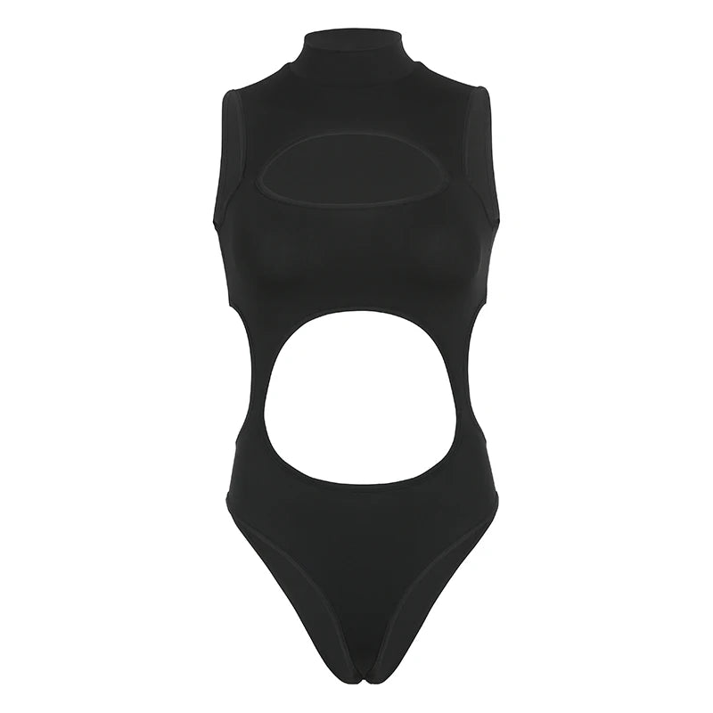 Hollow Out Black Bodysuits Backless Crewneck Sleeveless Slim