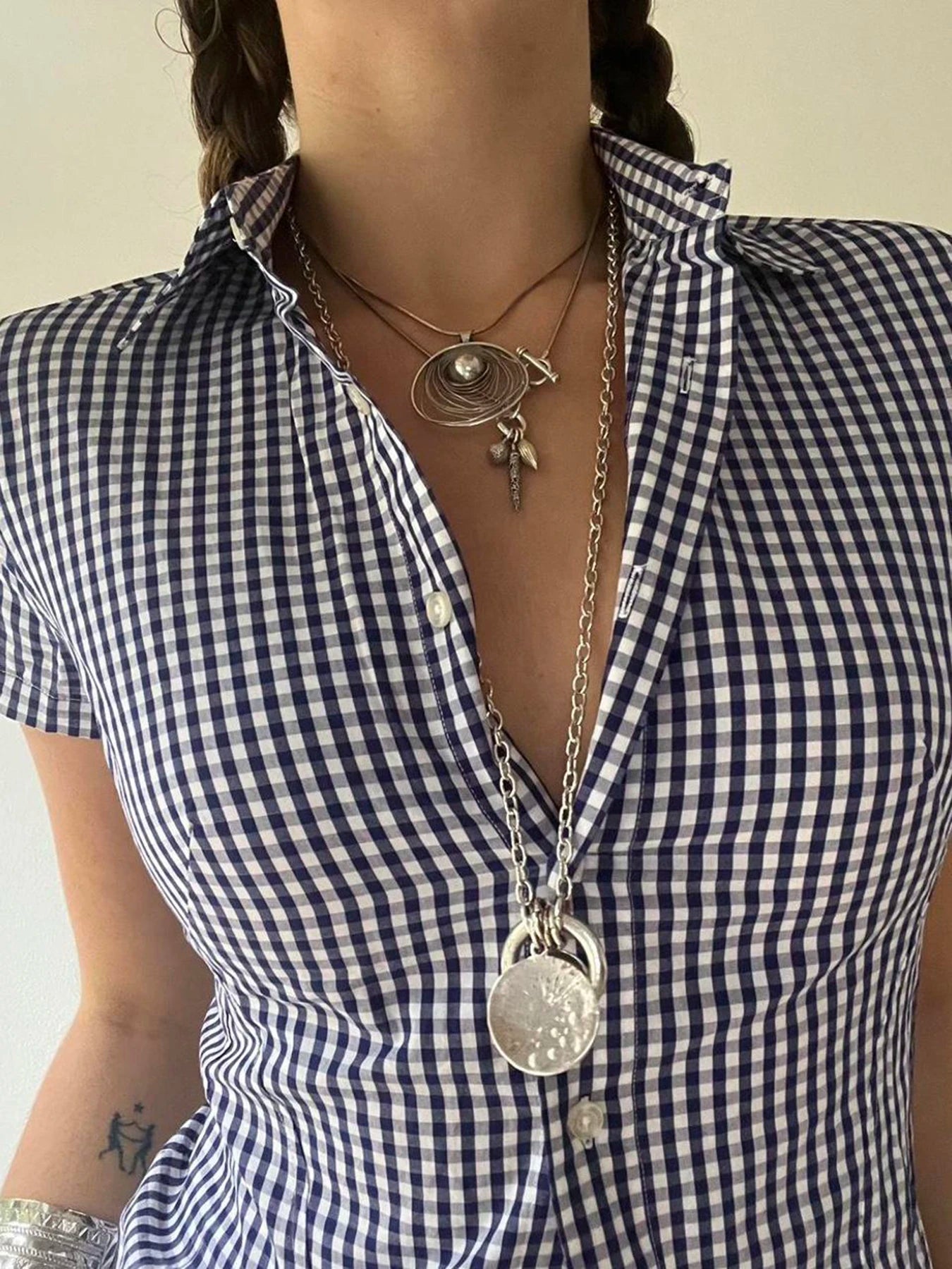 Plaid Bloue Button Up Short Sleeve Tuurn-down Neck Top
