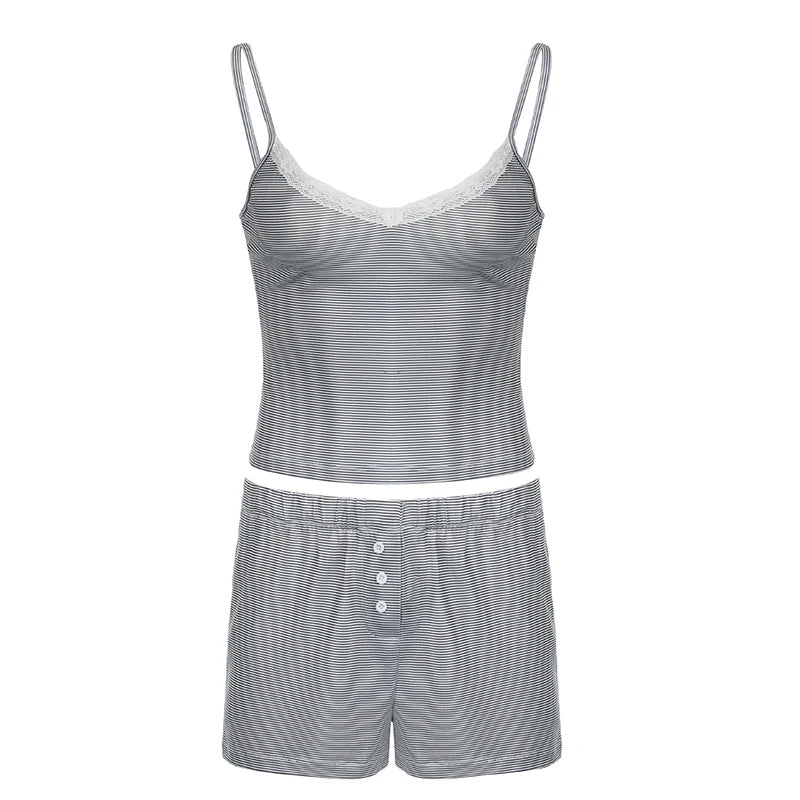 Strip Lace Patchwork Two Piece of Set Slim Camiole and Short