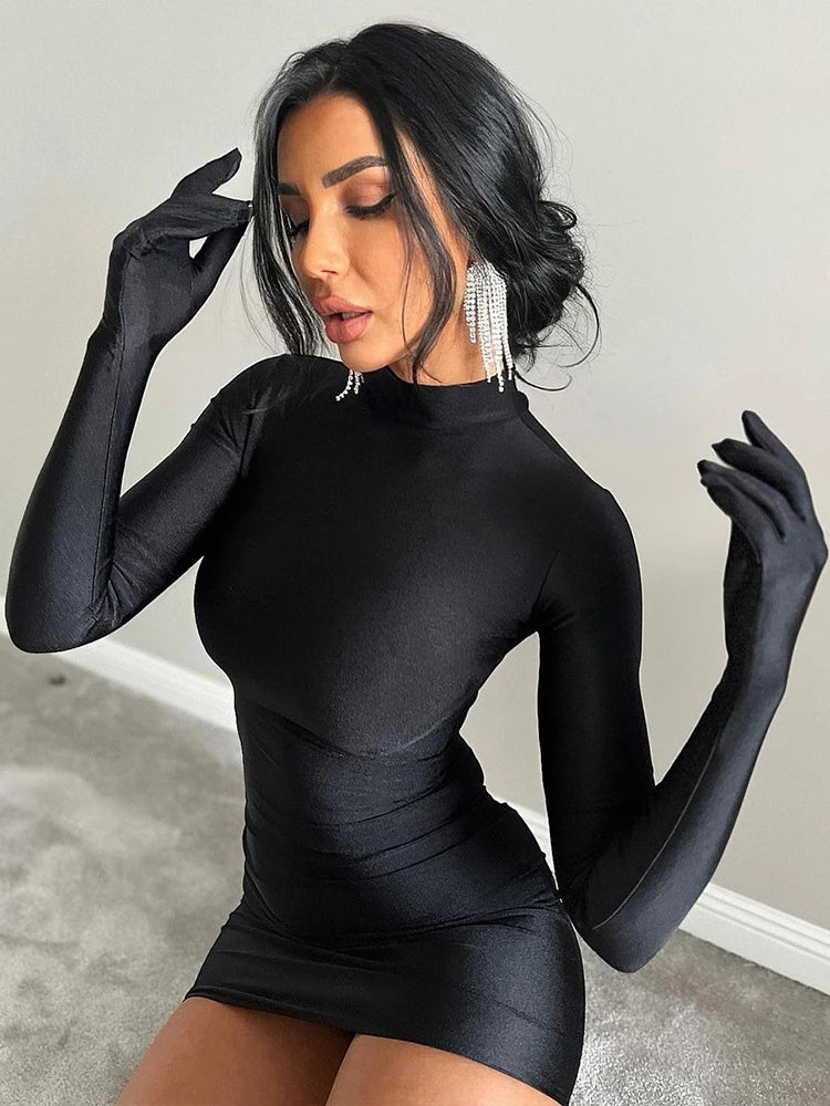 Long Sleeve With Gloves Mini Dress Bodycon Street Half Turtleneck