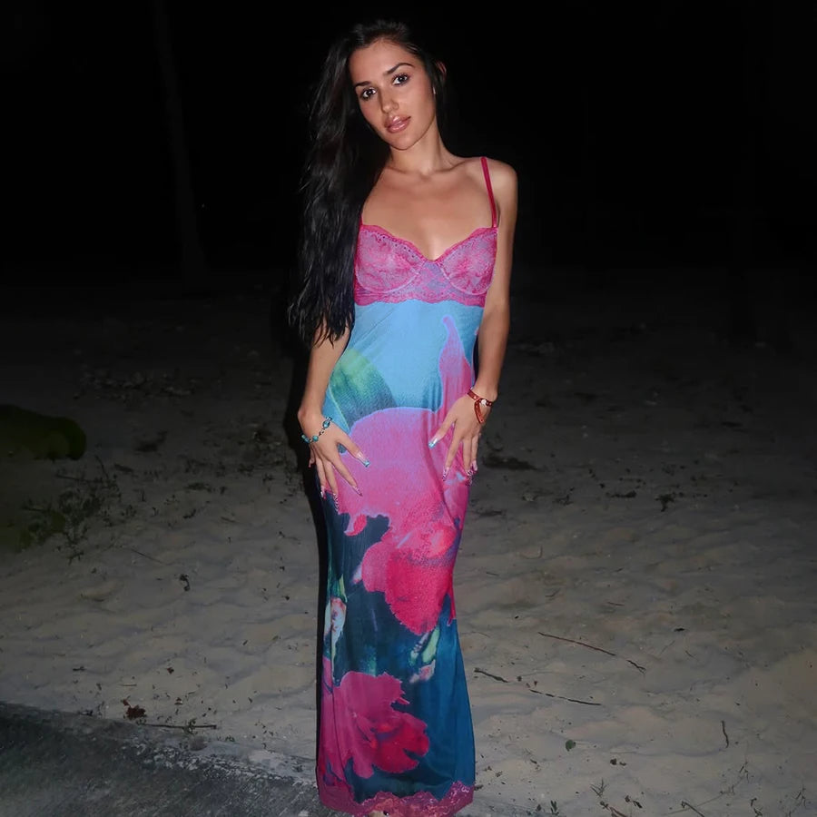 Lace Chest Wrap Maxi Dress Colorful Flowers Sleeveless Skinny Fit Slim