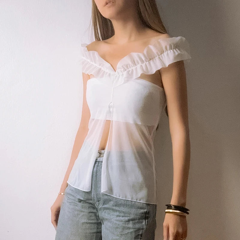 'S Spring And Color Mesh Patchwork Open k One-Shoulder Tank Top Fresh And Clean