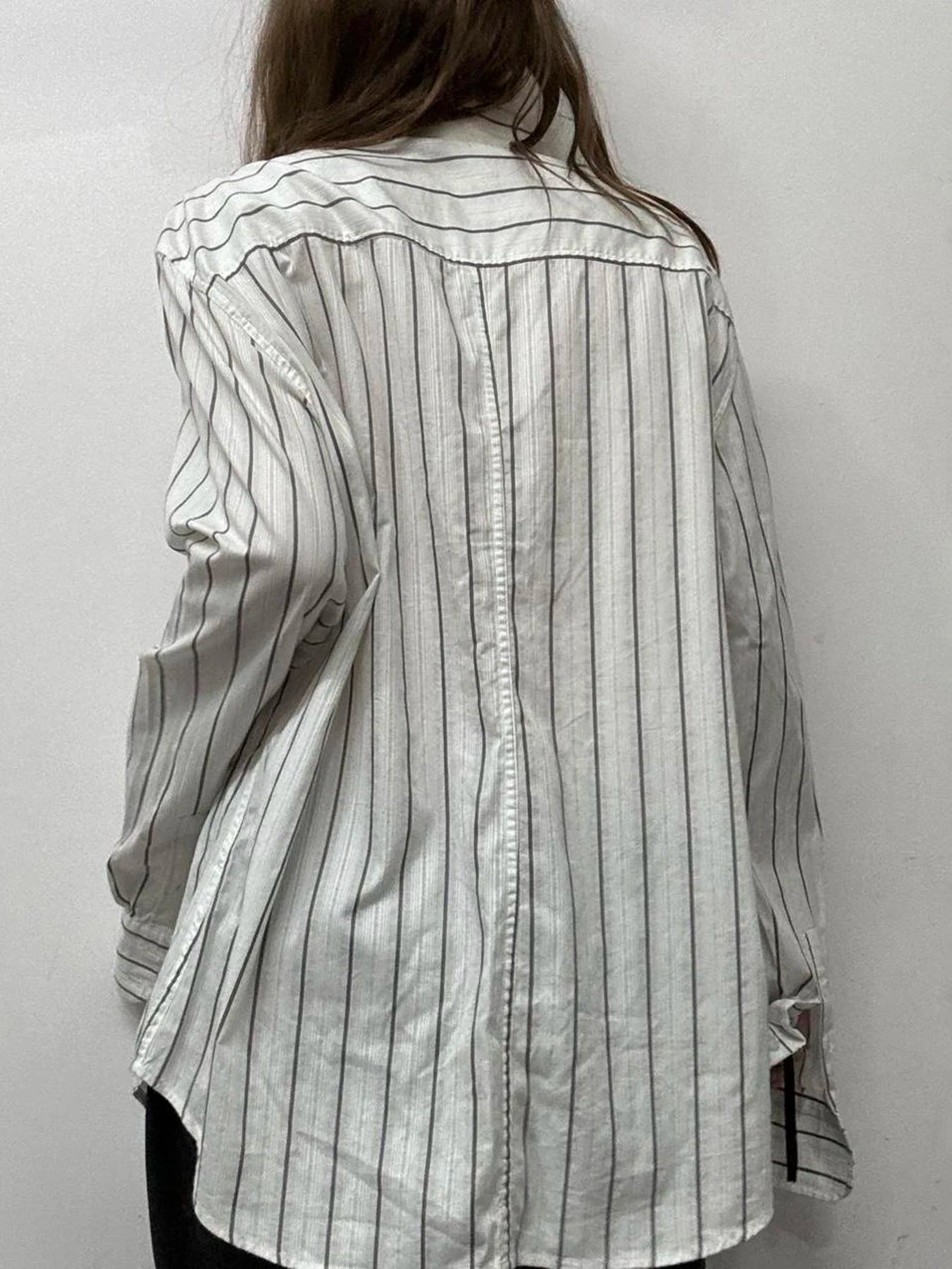 Striped Print Loose Shirt Single-breasted Oversized Blouses Turn-down Neck Top