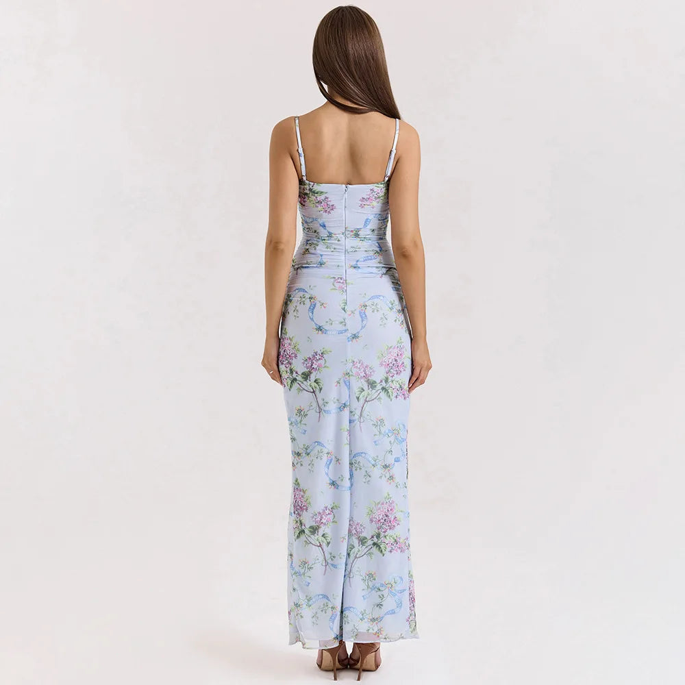 High Slit Floral Maxi Dress Purple Spaghetti Strap Evening Dress Slim