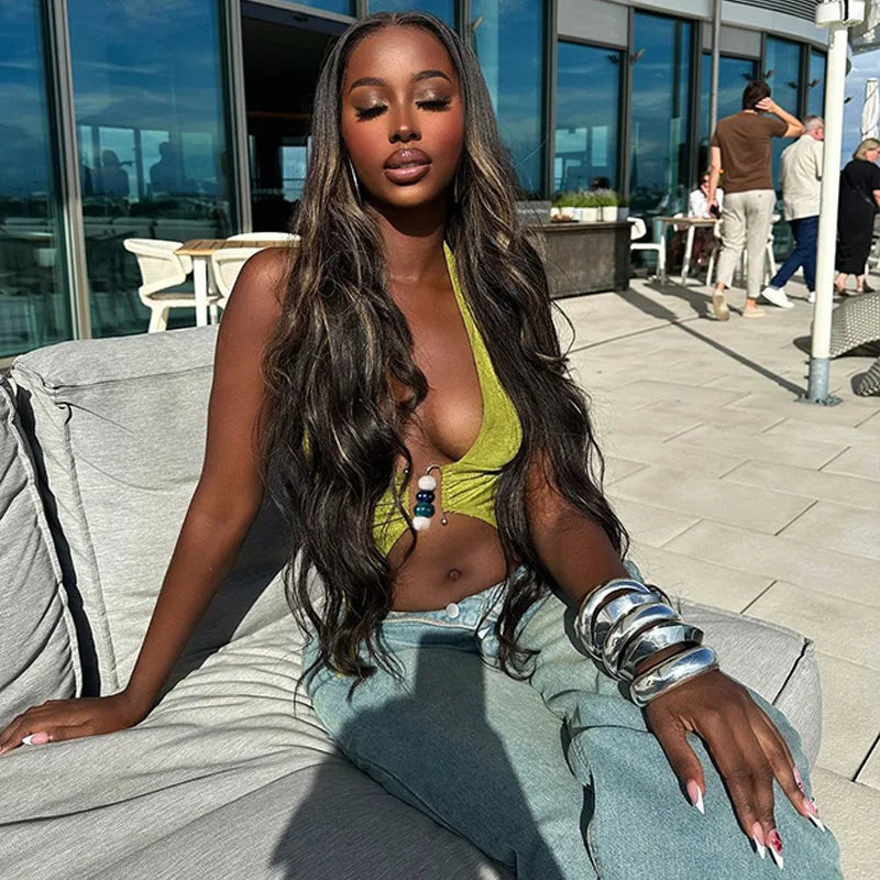 Draped V-Neck Halter Backless Crop Top