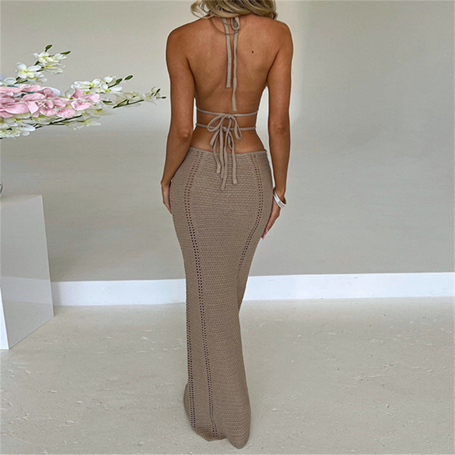Halter Tie-up Knit Crochet Dress Backless Sleeveless Deep V Cutout Waist Wrapped Bodycon Dress