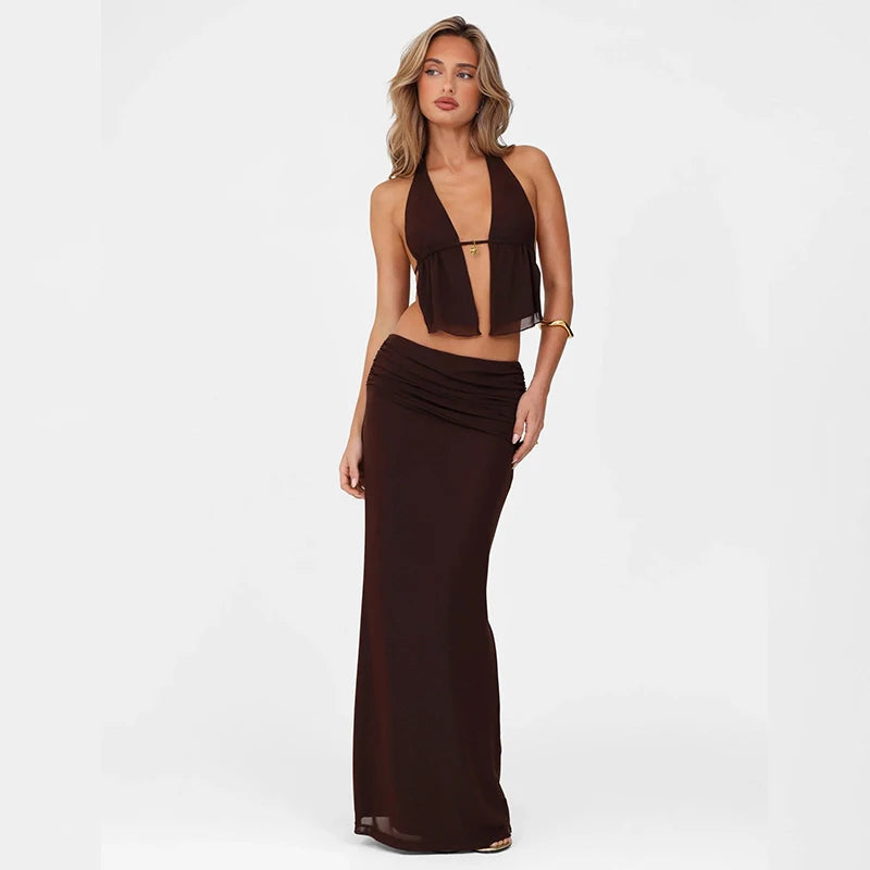 Two Pirce Sets Off Shoulder Backless Sleeveless Halter Top With Slim Long Skirt Suits