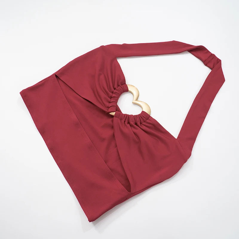 Color Slim Hollow Out Love Metal Design Set Hanging Neck Backless Top Package Hip Skirt Sets