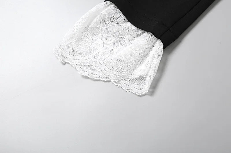 Deep V Neck Lace Bodysuits For Contrast Color Long Ruffled Sleeve Slim Fit Body Top Wear Hot