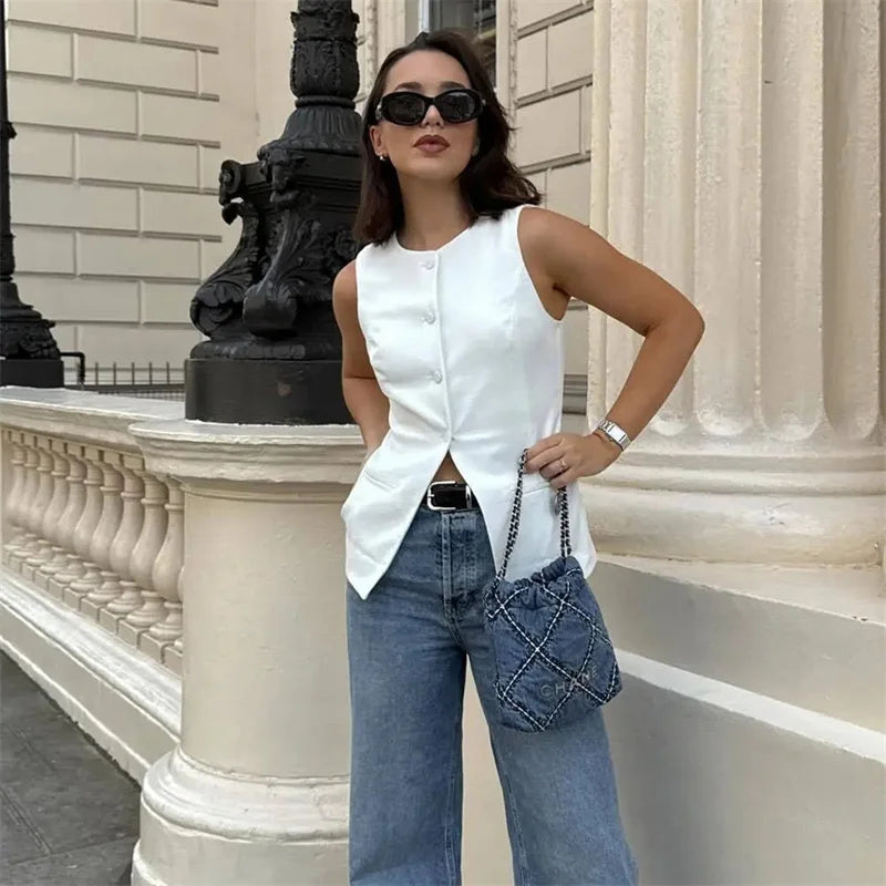 White Sleeveless Vest Button Vests for Jackets Pink Vest Top Street Tailored Vest