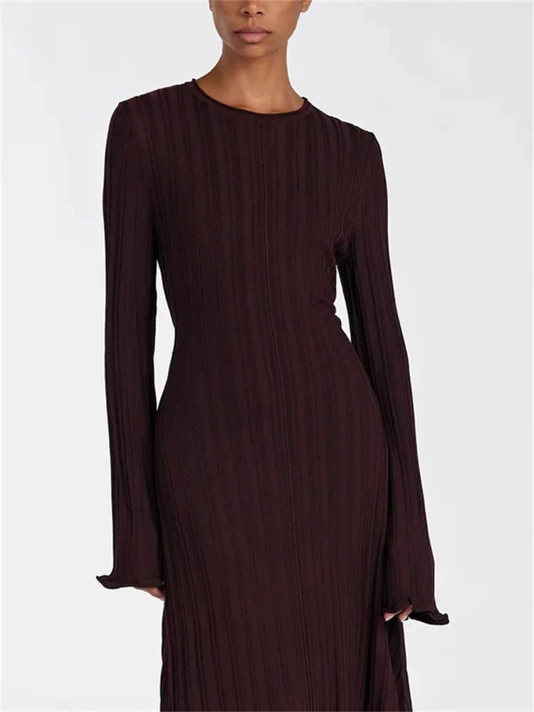 Knit Loose Maxi Dress Lace-Up High Waist Ribbed Long Sleeve Dress Knit Long Dress
