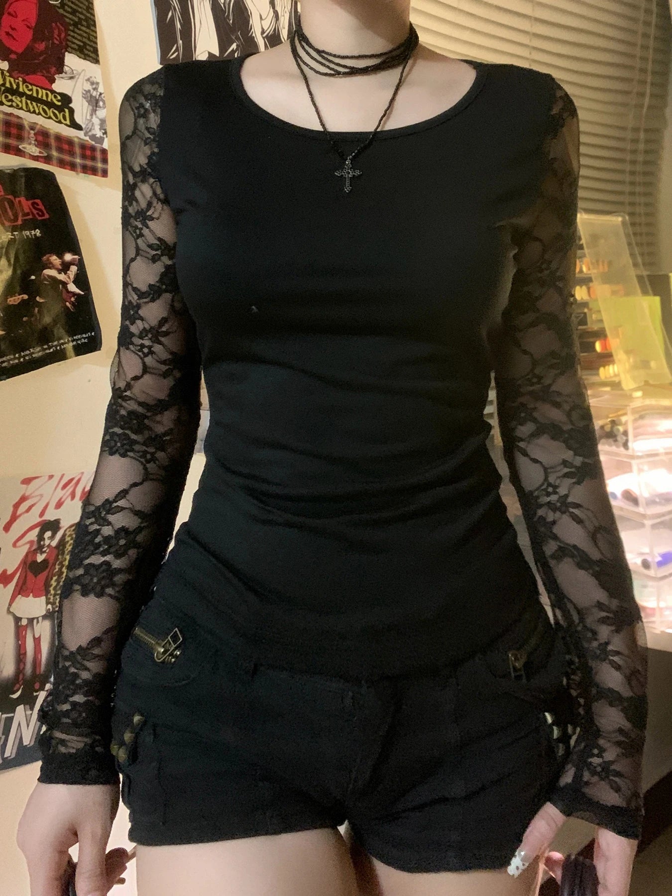 Crewneck Tee Shirts Lace Patchwork Slim Black Top