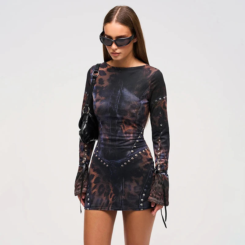 And Leopard Slim Flared Long-Sleeved Hip Short Skirt