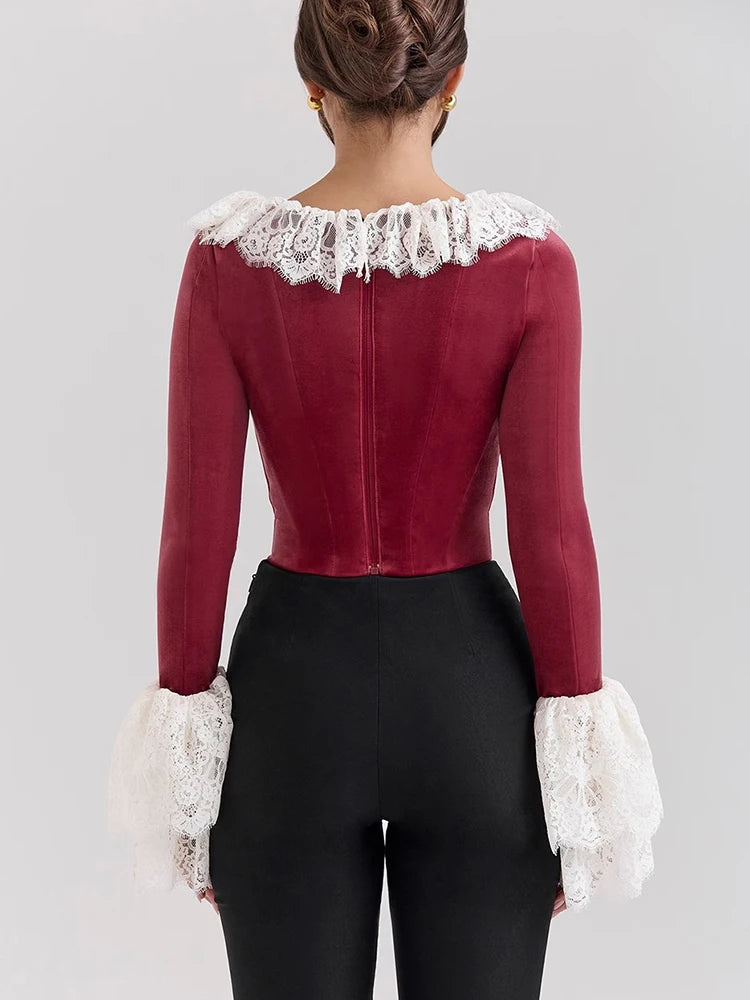 Square Collar Lace T-shirt Patchwork Flare Sleeve Short Tops Femme Slim French Street