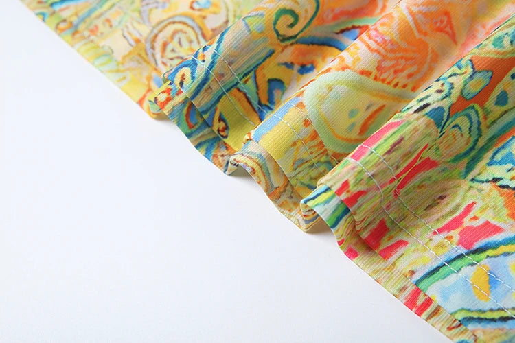 Two Piece Set Colorful Print Bra Top High-Waist Hollow Maxi Skirt Matching