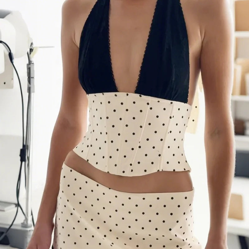 White Polka Dot Deep V-Neck Corset Top and Mini Skirt Set