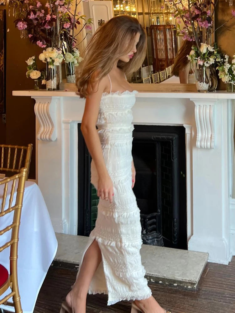 Maxi Spaghettt Strap Wed Bride Dress Formal Occasion Beige Slim Even Dress