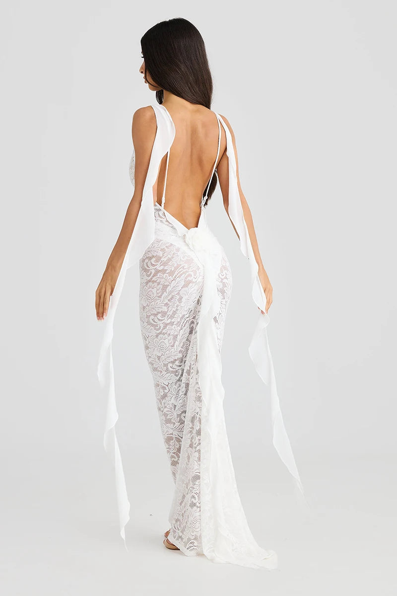 Lace See Through Camisole Maxi Dress For Ribbons Sleeveless Backless Slim Bodycon Long Dress Ladies Robes